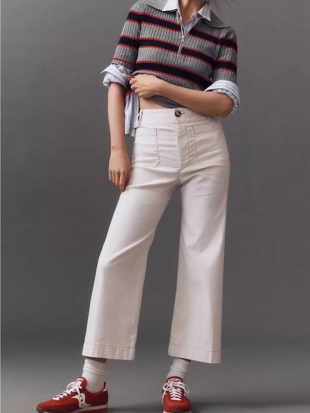 Maeve Colette Cropped Wide Leg Pants Linen Blend Contrast Stitch Ivory Size 33
